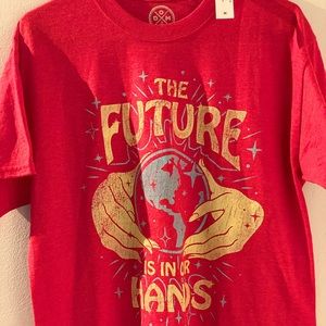 NWT MEDIUM RED T-SHIRT 50% COTTON 50% POLYESTER “THE FUTURE IS IN OUR HANDS